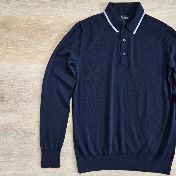 The Tie Bar Navy Tipped Long Sleeve Polo Small 100% Merino Wool Lightweight - Picture 3 of 13